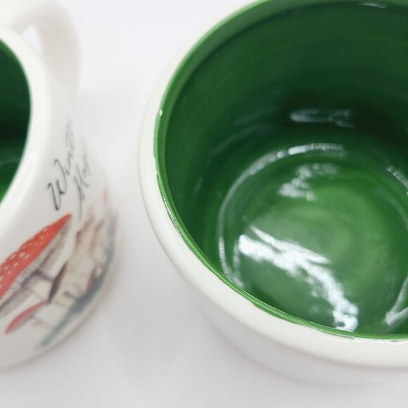 Mushroom Coffee Cups Set Of 2 Ceramic "Winter Magic" Cottage Core Green Interior - Picture 6 of 10